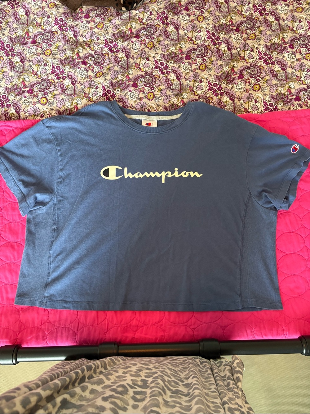 Champion Blue Cropped Tee with Cream Logo- Women’s